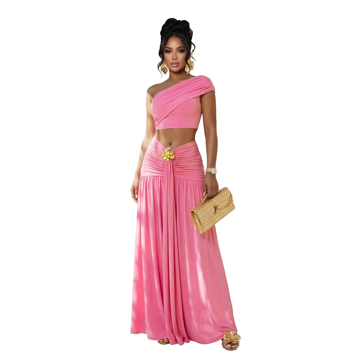 C7675 Aliexpress transfronterizo Amazon Europa y América moda de mujer sexy hombro inclinado blusa de ombligo vestido de traso conjunto