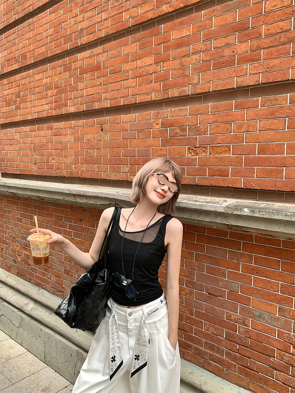 区区欧阳 双层网纱针织弹力吊带背心女夏季外穿辣妹修身显瘦上衣|undefined