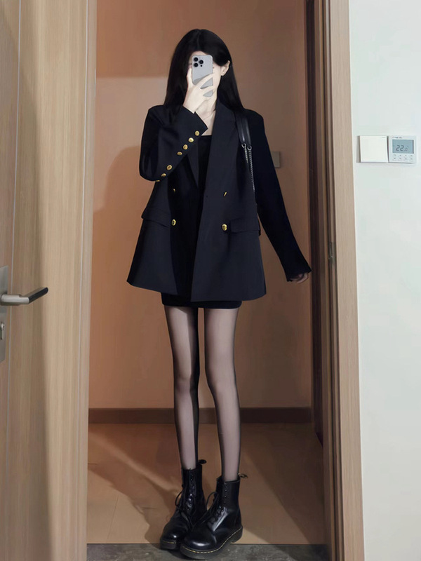 Versatile Loose Suit for Small People, Mid-Length Jacket, Casual and High-End Women's Autumn and Winter Elegant and Capable Black Suit
