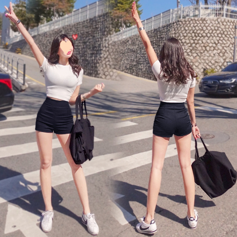 검은 반바지 외부 착용 높은 허리 슬리밍 타이트 핫 팬츠 높은 스트레치 엉덩이 바지 엉덩이 다리 바지 베이스