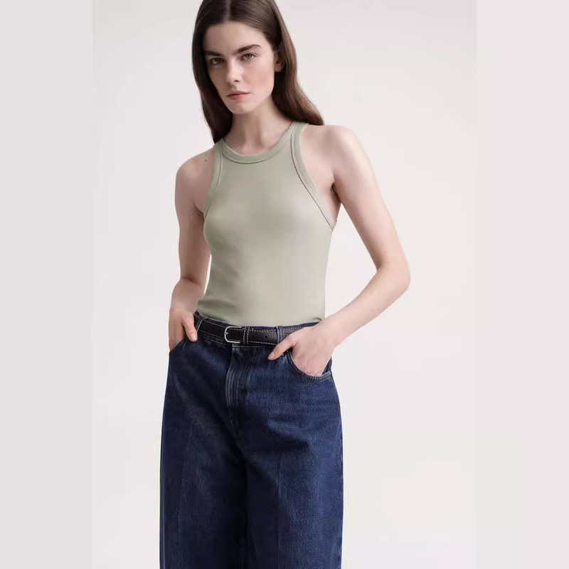 Spot TT I-shaped Vest Women's Light Grey Green Cotton Slim-fit Round Neck Curved Rib Vest Inner Top