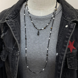 S925 silver black spinel natural pearl long sweater chain necklace set with full personality, niche, cold and high-end sense