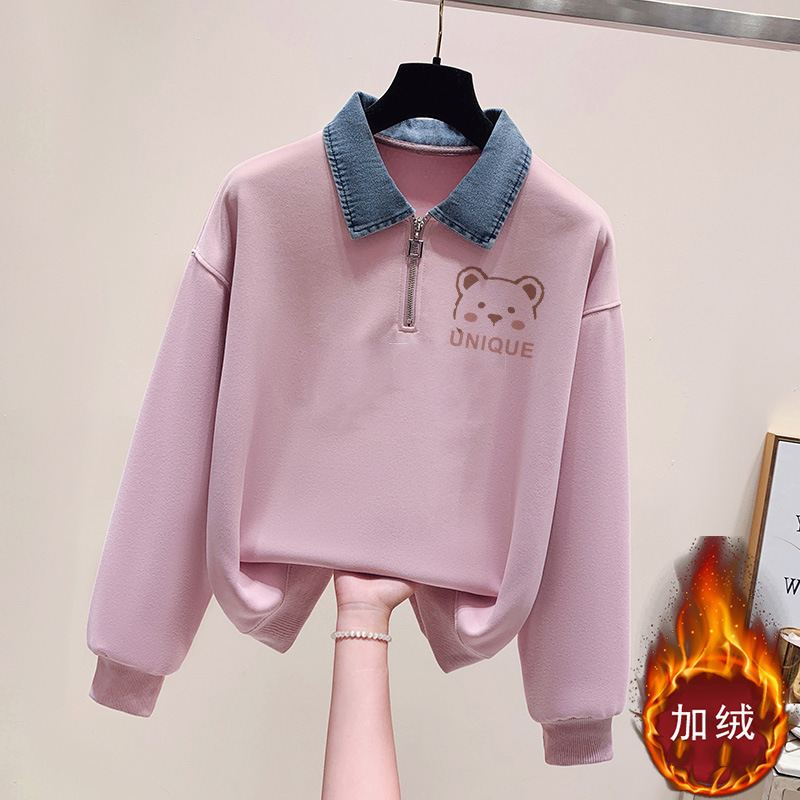 Polo collar winter fleece-lined sweater women's autumn and winter new design sense half zipper fake two-piece top coat thickened Polo collar winter fleece-lined sweater women's autumn and winter new design sense half zipper fake two-piece top coat thickened