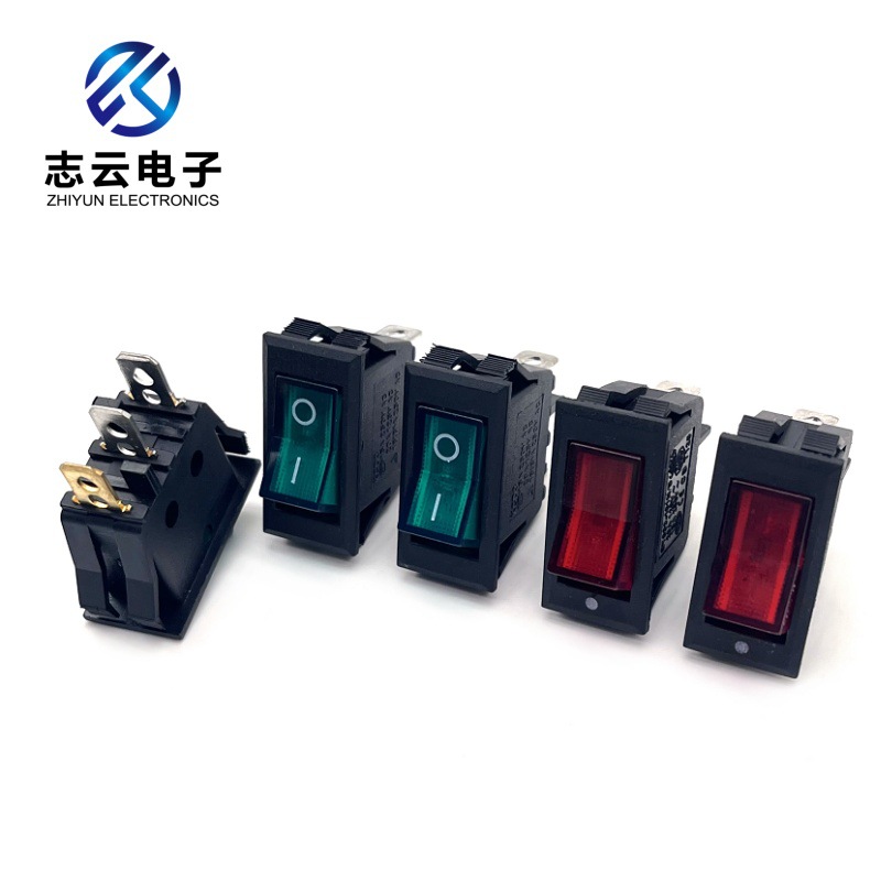 船型开关KCD3长方型V型双耳带灯铜铁三脚2档电源翘板开关13*28mm