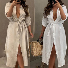 现货欧美外贸跨境连衣裙 亚马逊速卖通性感V领衬衫袖非洲时尚服饰