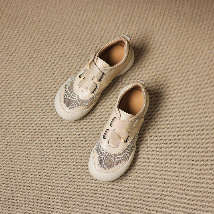 Giày sneaker nữ phối màu da thật lỗ thoáng khí đế bệt buộc dây kết hợp miếng dán — màu trắng ngà chi tiết 32