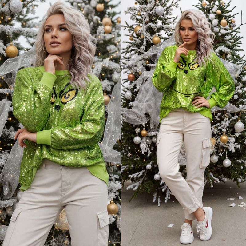 Cross-Border 2025 European and American Autumn and Winter Christmas Long-Sleeved Sequin Printed Jacket Ins Casual Loose Party Women's Top