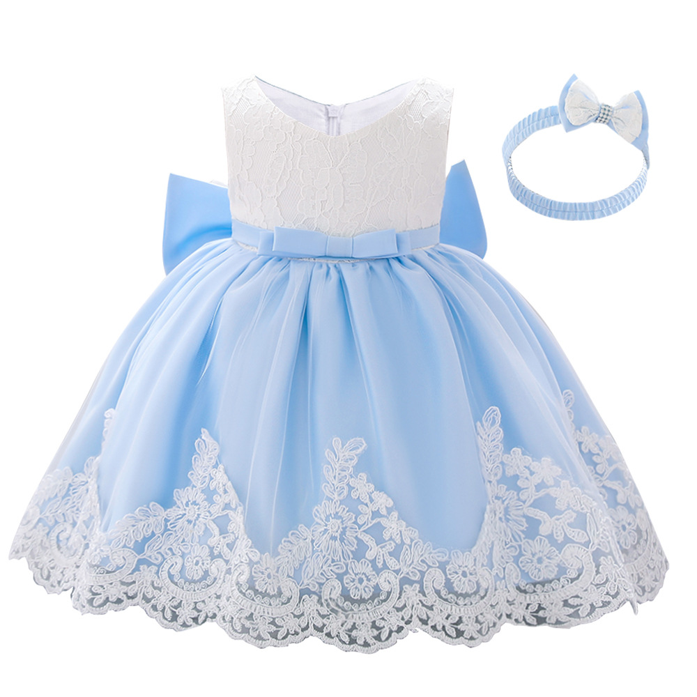 Vestido de bebé Amazon con lazo grande, vestido de novia de encaje, vestido de princesa, regalo para bebé de un año, diadema, superventas transfronterizo.