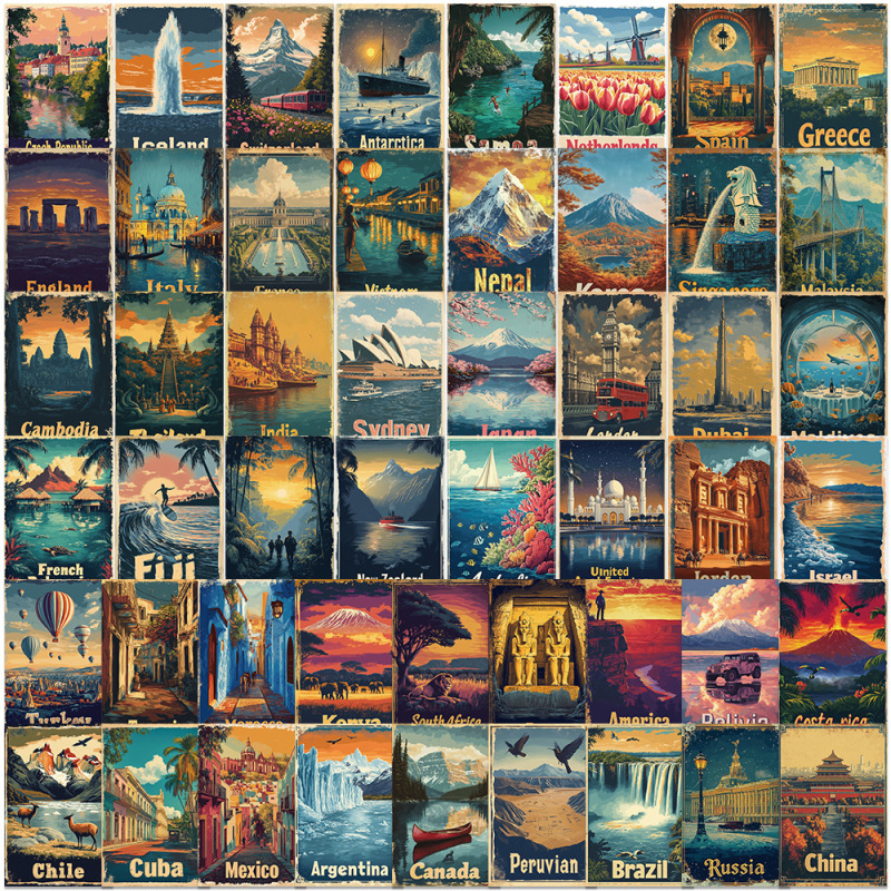 50 Retro Travel Posters from the 1950S Stickers Luggage Motorcycle Car Personalized Decorative Stickers