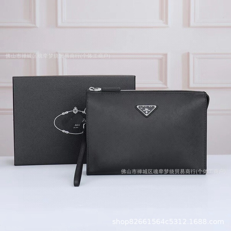 Prada Men's Luxury Clutch Bag Casual Handbag Cross-Grain Leather Wallet Business Envelope Bag Real Shot
