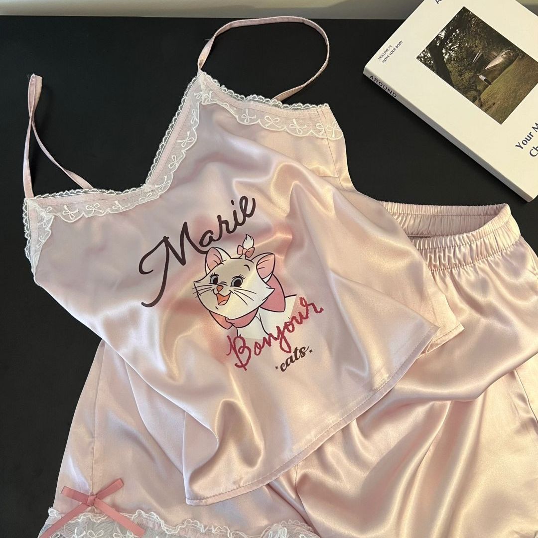 Pure Desire Lace Edge Suspender Breast Pad Pajamas Women's Summer Mary Cat Ice Silk Spaghetti Strap Sweet Girl Two-Piece Set