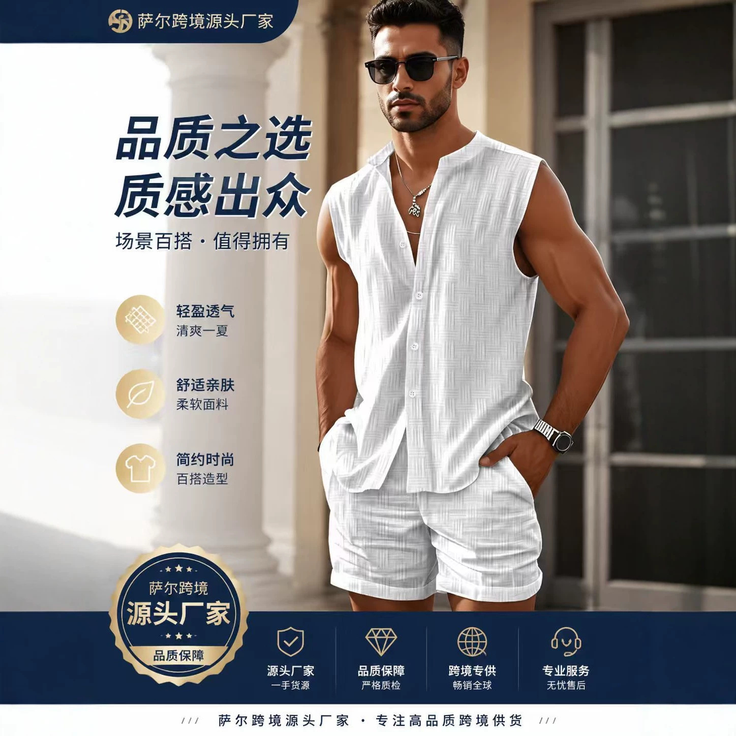 여름 아마존 AliExpress 유럽과 미국의 국경 간 남성 조끼 셔츠 캐주얼 느슨한 민소매 반바지 비치 세트