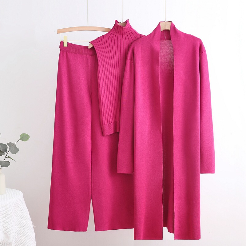 Autumn and Winter Goddess Fan Long Windbreaker High Neck Inner Vest Sweater Elbow Waist Wide Leg Pants Knitted Three-Piece Suit