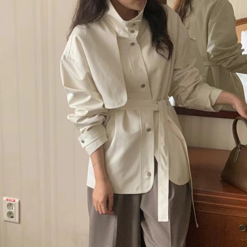 2025秋冬新款韩国Chic早秋新款休闲百搭立领系带宽松型风衣外套女|undefined