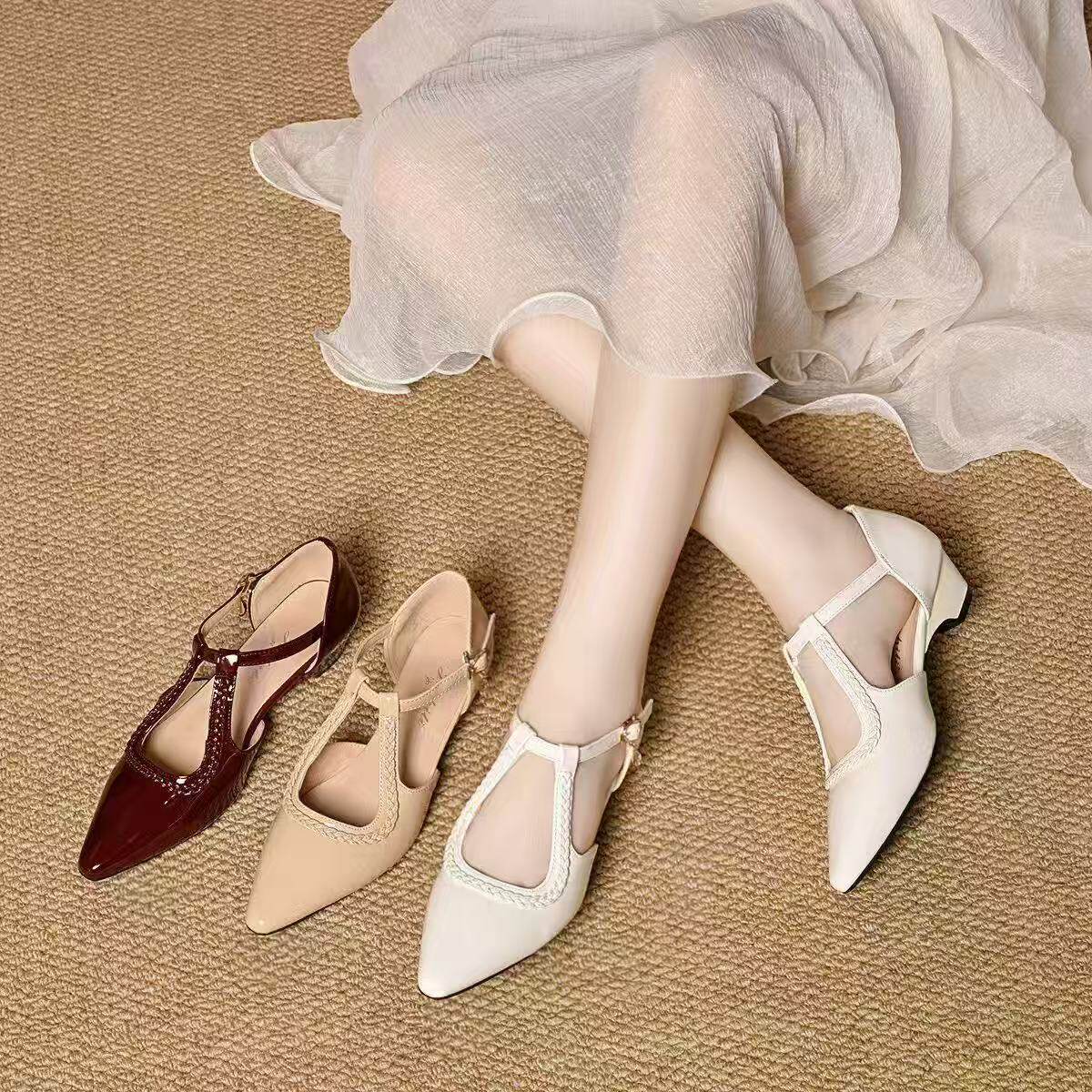 Sandal nữ mũi nhọn gót thấp da thật đế mềm hở mũi — màu be chi tiết 1
