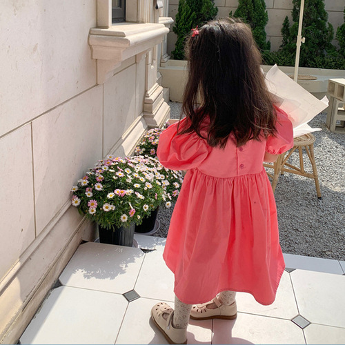Sweet princess dress with floral pattern and solid color, square neck, for girls, 24 summer new model, foreign trade children's clothing, drop shipping