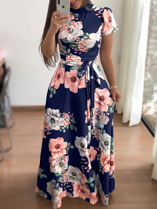 WISH Amazon 2025 秋の新ヨーロッパとアメリカンスタイルのフラワープリント半袖大裾ドレス婦人服|undefined