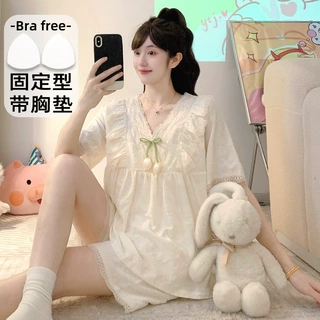 高级感短袖睡衣女夏季云朵棉公主风V领纯色带胸垫家居服套装批发