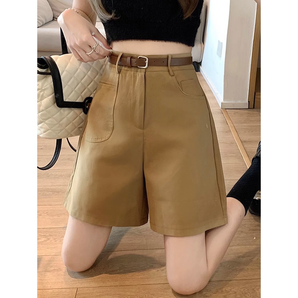 Quần short nữ cạp cao ống rộng dáng suông dài ngang đùi kiểu Hồng Kông — Màu đen