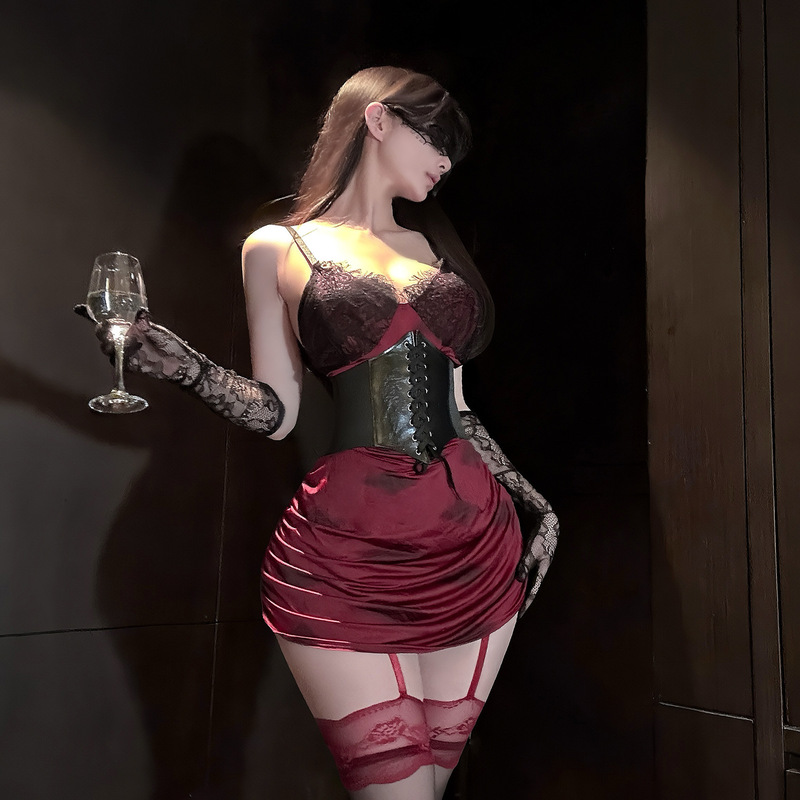 Charming Lingerie with a Sexy and Pure Style, Lace Waist-Cinching Corset, Slim-Fit Hot Girl Outfit, Backless Printed Bodycon Skirt
