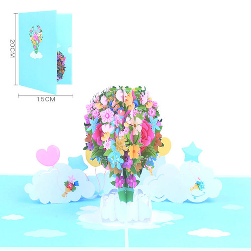 3D three-dimensional greeting card, color printed flowers, hot air balloon, birthday greeting card, creative 3D handmade paper carving, gratitude blessing message card