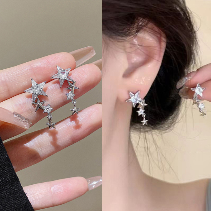 s925 silver exquisite and high-end star tassel earrings, non-pierced ear accessories, fashionable ear studs, versatile socialite earrings for women