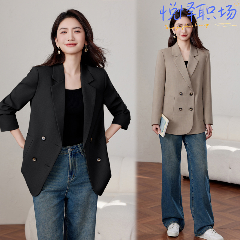 Black Suit Jacket Women's Spring and Autumn 2025 New High-end Sense Double-breasted Korean Casual plus size Small Suit