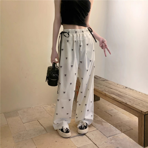 Sweet hot girl bow lace spliced ​​casual pants for women in autumn design loose elastic waist wide-leg pants straight pants