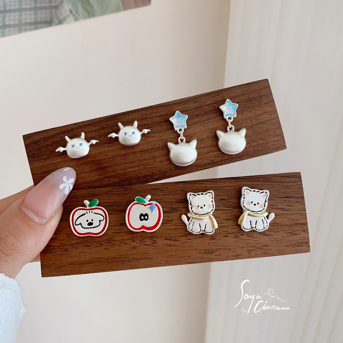 cartoon cute drop oil silver apple puppy brushed  stud earrings female silver needle exquisite light luxury design earrings