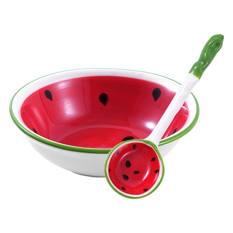 Cuenco de cerámica de dibujos animados de alta apariencia estilo tazón de fresa cuchara de sandía tazón de arroz lindo para niños tazón de sopa vajilla al por mayor