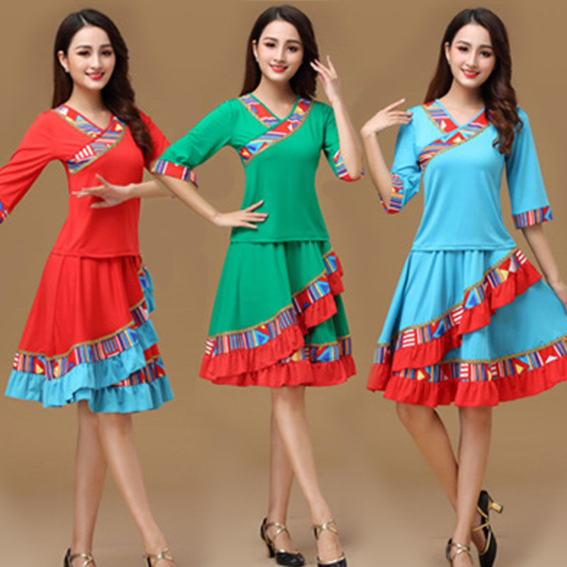 Square dance costume suit female Tibetan dance new mid-sleeve dance skirt ethnic style performance dance costume spring and summer