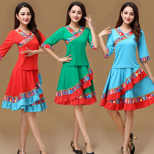 Square dance costume suit female Tibetan dance new mid-sleeve dance skirt ethnic style performance dance costume spring and summer