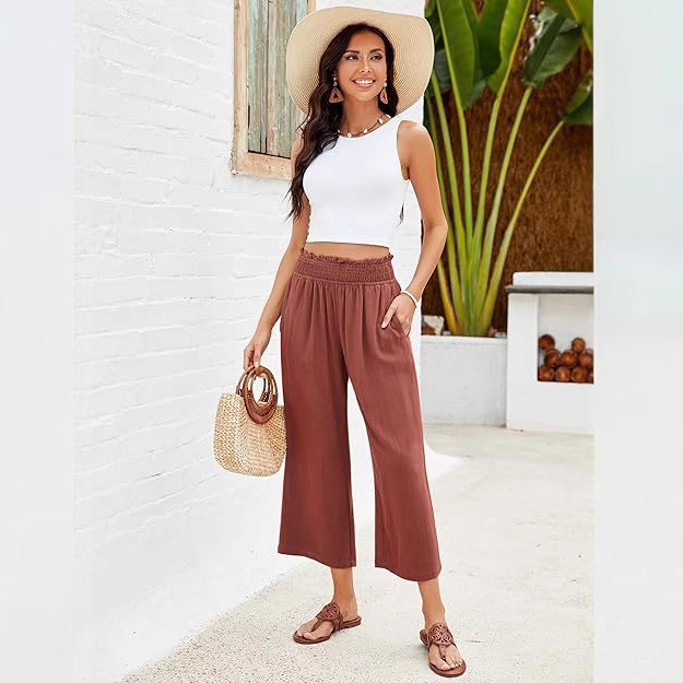 Amazon Women's Cropped Pants High Waist Wide Leg Linen Wide Leg Pants Wear Elastic Pleated Waist Loose Elegant Pants