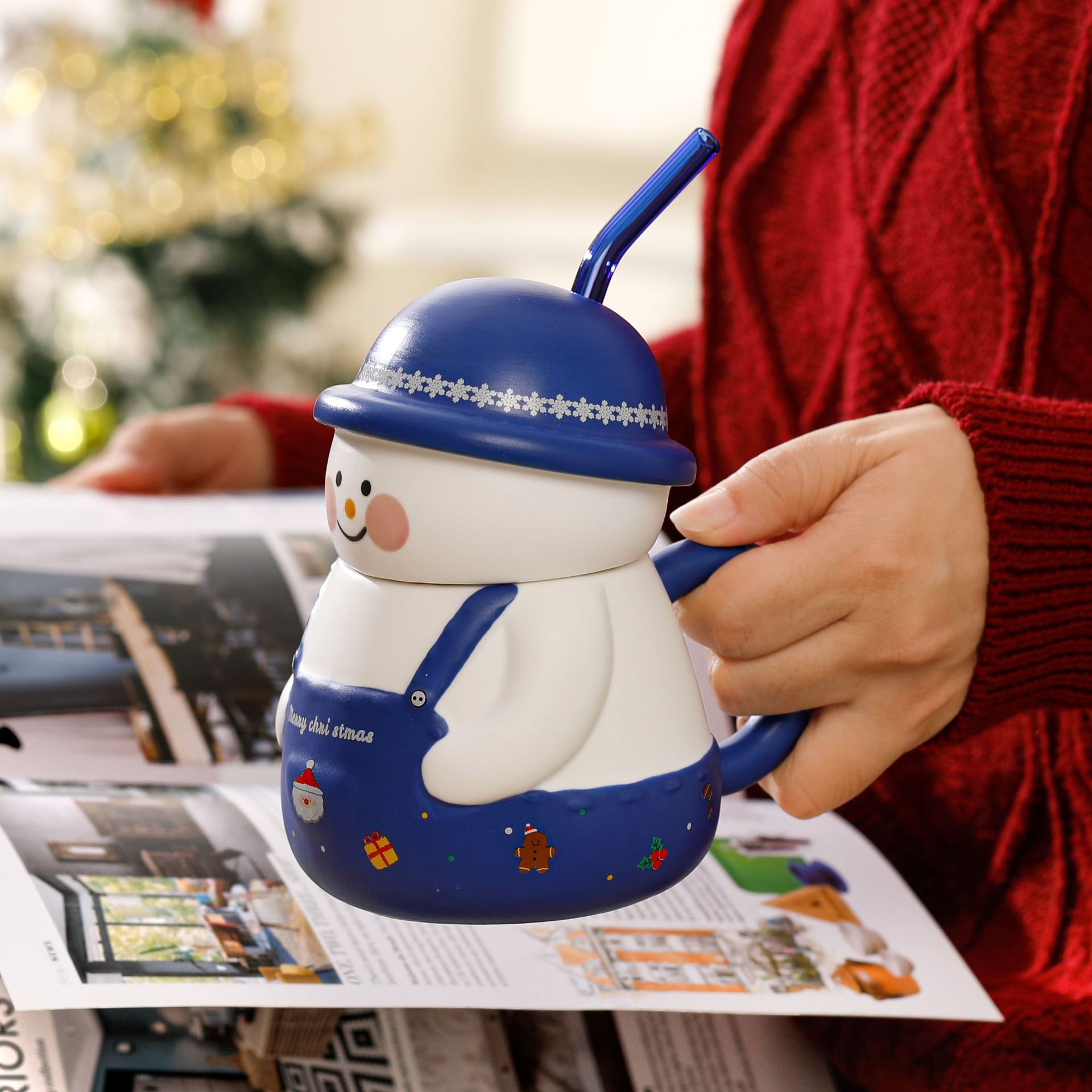 Navidad creativa muñeca de nieve taza de cerámica personalidad dibujos animados acompañante regalo taza de agua de paja encantadora taza tridimensional transfronteriza