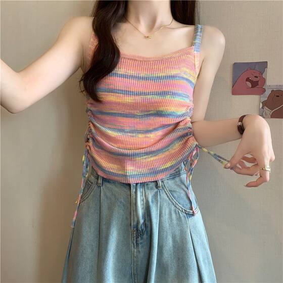 Dopamine Color Stripes Spicy Knitted Camisole Women's Summer Outer Wear Rainbow Niche Spice Top