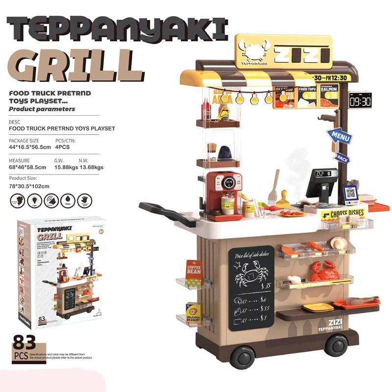 Niños transfronterizos en casa simulación pulverización eléctrica correa de agua acústica y luz de cambio de color comida rápida conjunto de carrito al por mayor