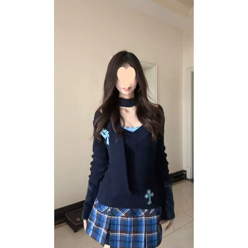 Женский костюм 2025 осень-зима новый стиль преппи воротник тонкий свитер трикотаж камзол клетчатая плиссированная юбка