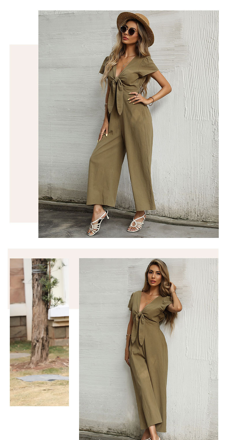 Solid Color Sexy V-Neck Nine-Point Wide-Leg Jumpsuit NSYYF66674