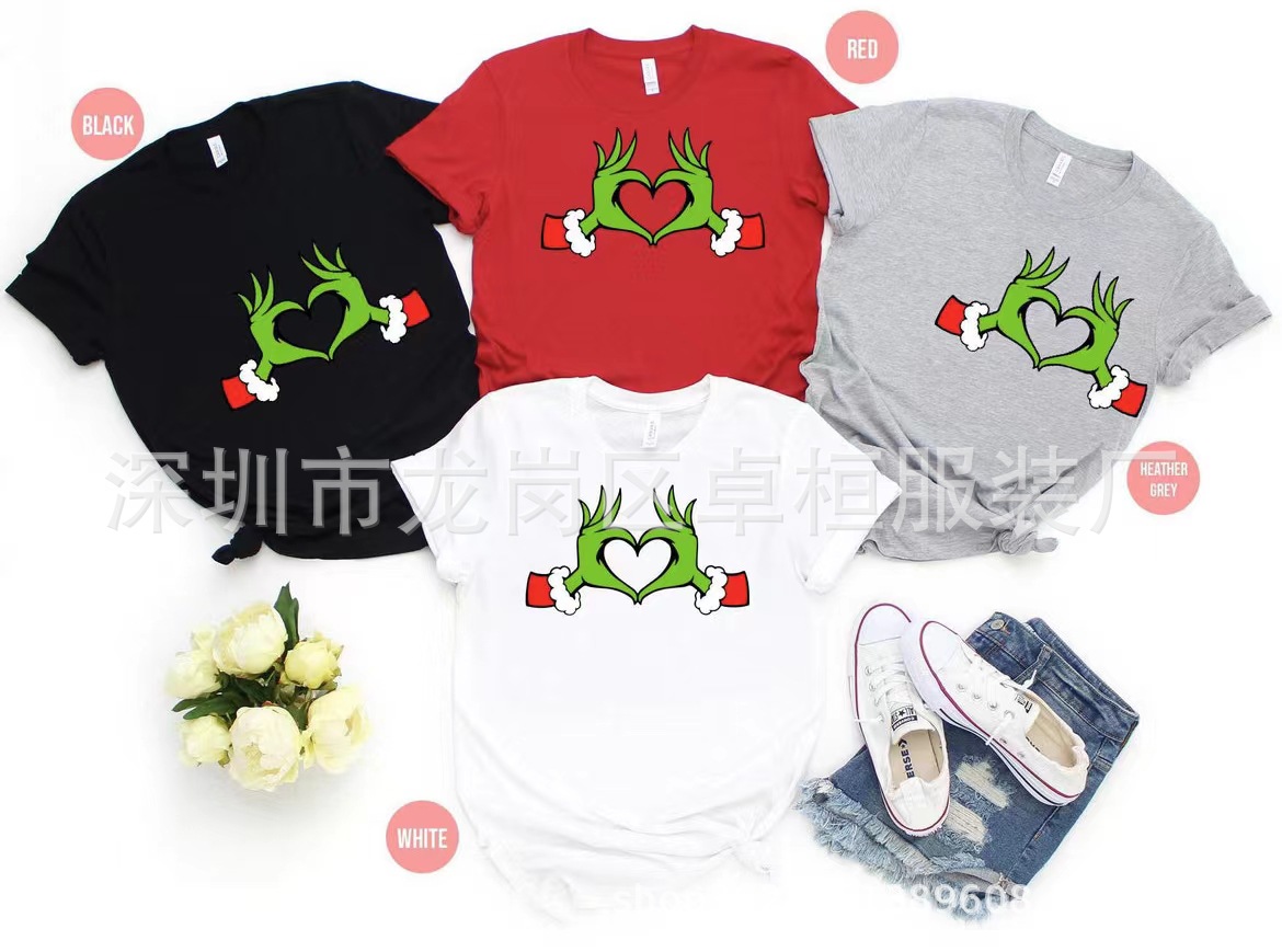 Nueva camiseta de verano para padres e hijos entrega transfronteriza de una familia de cuatro monstruos navideños monstruo de pelo verde Greenwich ESTILO OCCIDENTAL