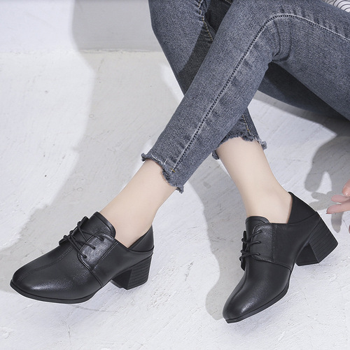 Pigskin Women's Spring and Summer Retro British Style Slip-on Work Shoes with Soft Sole Laces Fashion Sneakers