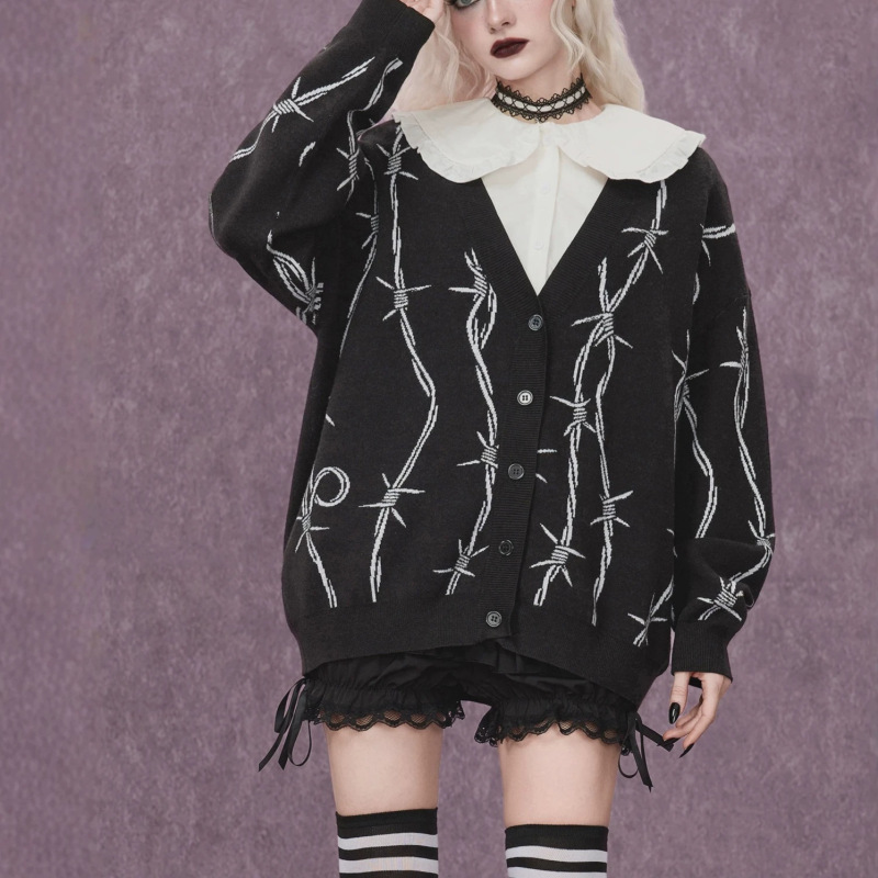 Dark Gothic Thorns Wire Jacquard Knit Cardigan Subculture Loose Long Sleeve Sweater Coat Niche Top