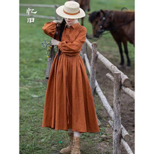 早秋 复古衬衫领长袖连衣裙女秋季新款纯色亚麻文艺裙