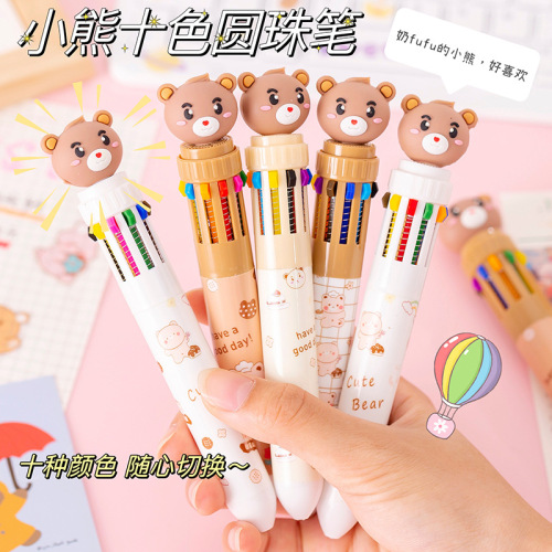 Bear 10-color ball-point pen cartoon push-type multi-color pen student writing notebook ten-color push ball-point pen