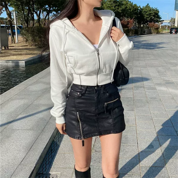 2026 Autumn/Winter New Korean Style Hooded High-Waisted Casual Zipper Cardigan Jacket Fashionable Sports Short Sweatshirt for Women Trendy