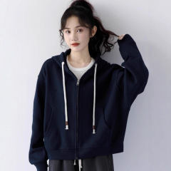 藏蓝色加绒加厚短款卫衣外套女秋冬2025新款美式开衫外套上衣7317