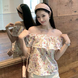 法式纯欲风一字肩碎花背心女夏季性感辣妹蕾丝边修身显瘦露肩上衣