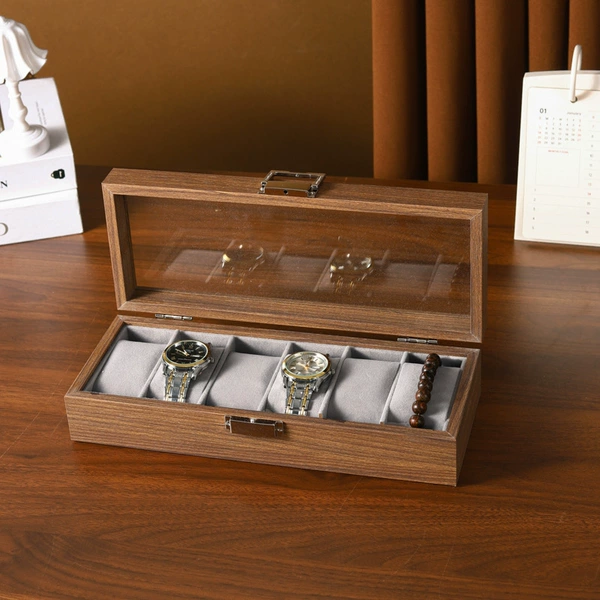 Wood grain watch storage box inner gray [6 positions]