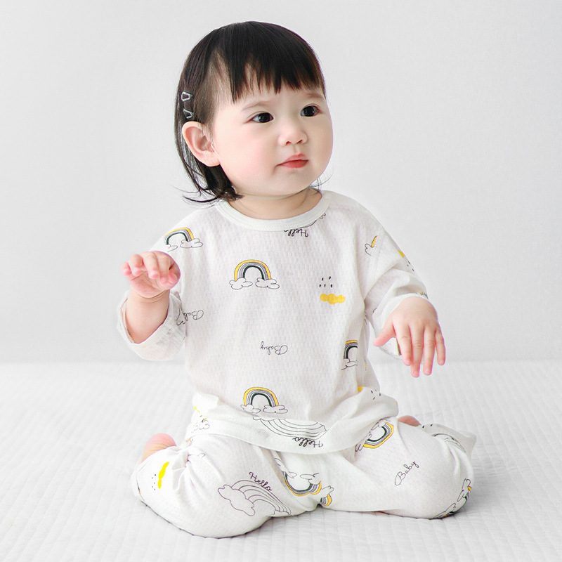 Baby summer set de aire acondicionado de algodón de manga media de dos piezas para niños y niñas, ropa de verano delgada para bebés divididos
