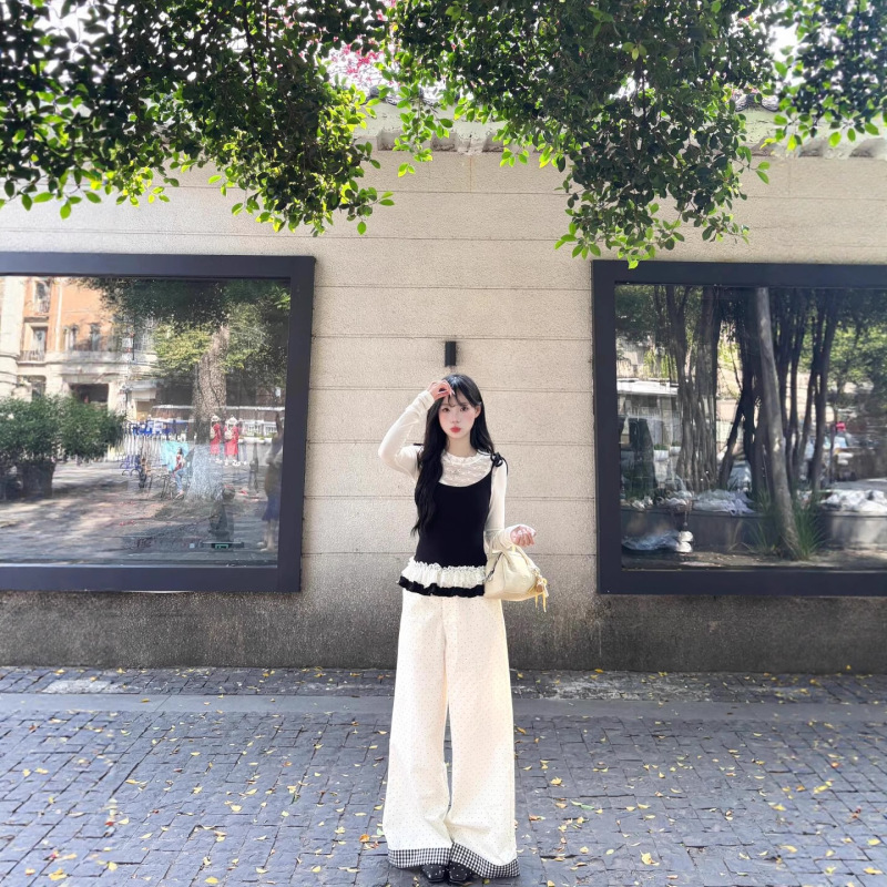 爱依轩 早秋新款韩剧女主穿搭小香风甜美减龄波点阔腿裤两件套装|undefined