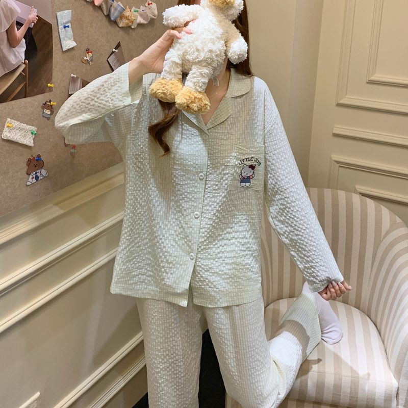 Transmisión en vivo transfronteriza primavera y otoño de manga larga tejida de algodón jacquard pijama de mujer KT gatos bonitos cardigans set